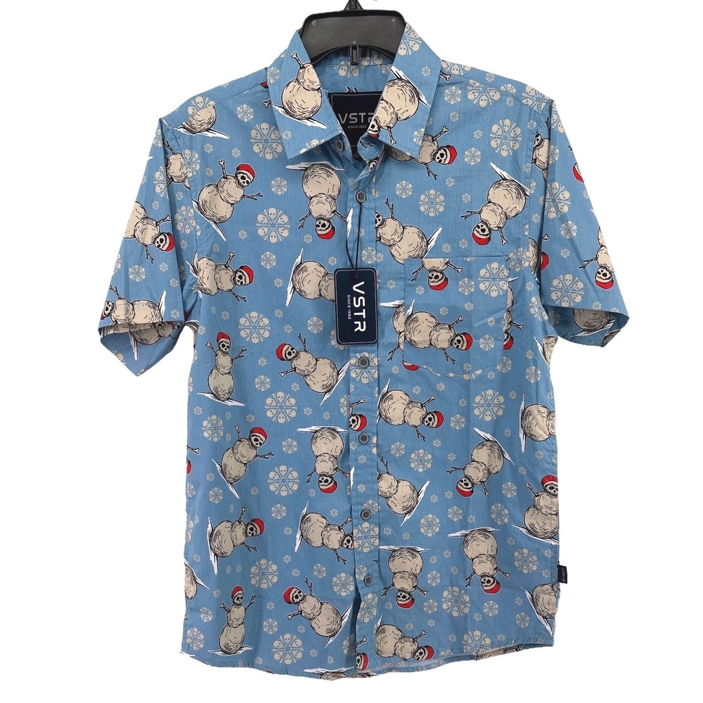 VSTR Mens Blue Surfing Skull Snowman Christmas Button Down Shirt Small NWT